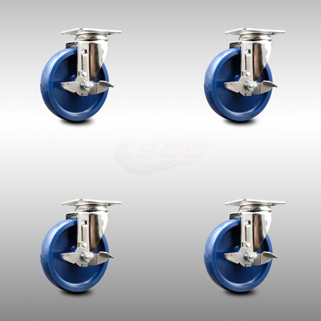 Service Caster 5 Inch 316SS Solid Polyurethane Wheel Swivel Top Plate Caster Set with Brake SCC SCC-SS31620S514-SPUS-TLB-4